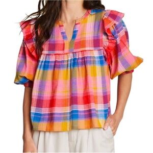 DRA Los Angeles Colorful Plaid Top, Size Large